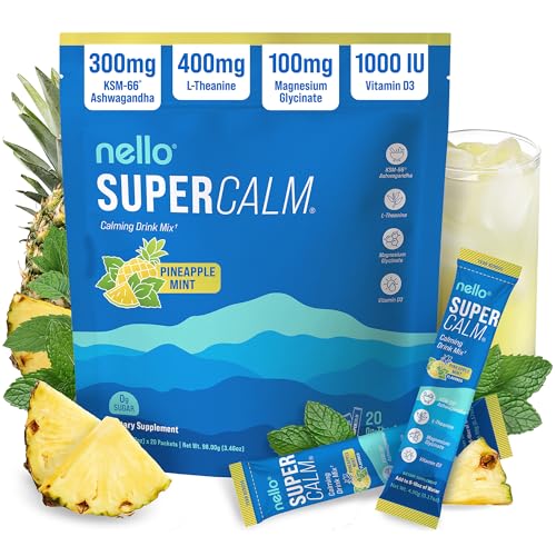 Image of Nello Supercalm Powdered Drink Mix, Cortisol Reducer* and Sleep Aid Supplement, L Theanine, Ksm-66 Ashwagandha, Magnesium Glycinate, Vitamin D 3, No Sugar, Non GMO, On The Go, 20 Ct, Pineapple Mint