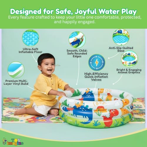 Image of Toy Imagine Swimming Pool for Kids | 3-Ring Baby Bath Tub for Kids 3-6 Years | Portable Inflatable Kiddie Pool Indoor & Outdoor Water Fun | Perfect for Holi & Summer Play Dino Buddies (2 feet)