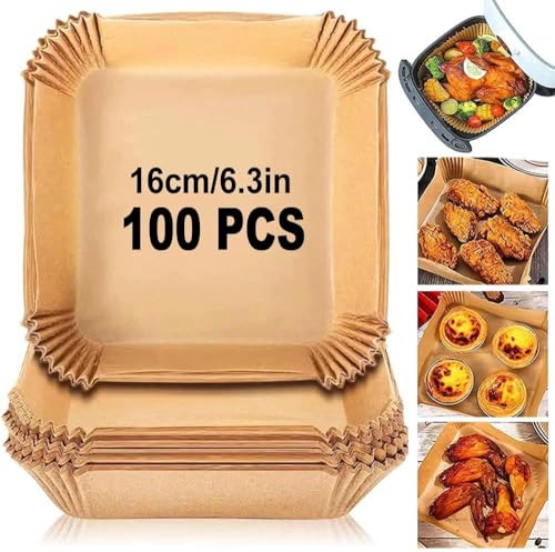SKY-TOUCH 100 Pieces Air Fryer Disposable Paper Liners Non Stick & Oil Proof Parchment Paper for Microwave and Gas Ovens Square Food Grade Water-proof Baking Paper for Air Fryer 16cm/6.3inch Brown