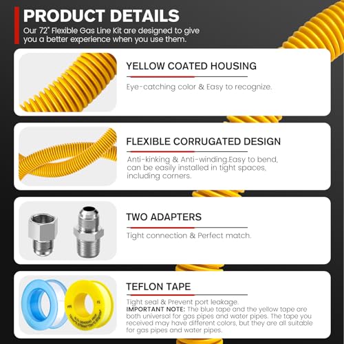 Puxyblue [2025 New] 72" Flexible Gas Line Kit for Dryer Stove Range Water Heater - 1/2" OD(3/8" ID) Flexible Stainless Steel Gas Dryer Kit Come with 1/2" MIP & 1/2" FIP Additional Raw Belt