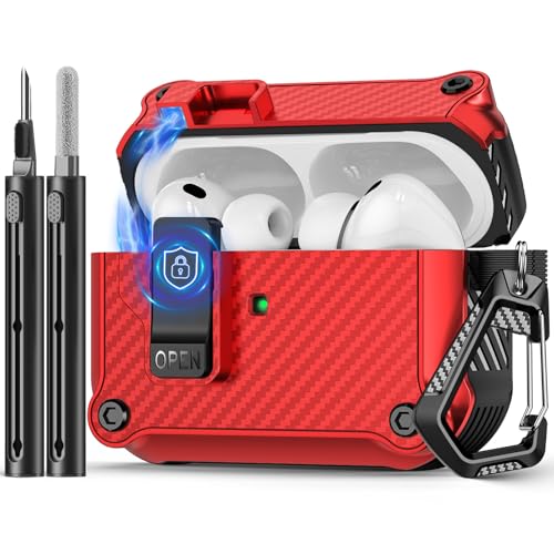 Image of Pohgelan Compatible with AirPods Pro 3 Case Carbon Fiber Texture(Red) | Magnetic Automatic Lock with Cleaning Kit,Compatible with Magsafe