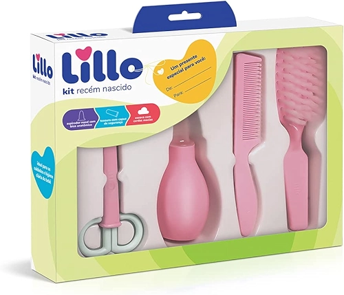 Lillo Kit De Higiene Para Recém Nascido com Aspirador Nasal, Tesoura, Pente e Escova de Cabelo, Rosa