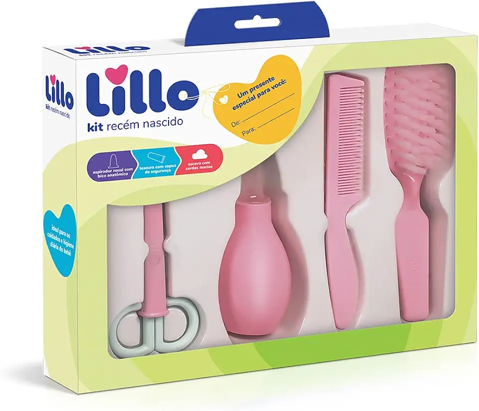 Lillo Kit De Higiene Para Recém Nascido com Aspirador Nasal, Tesoura, Pente e Escova de Cabelo, Rosa