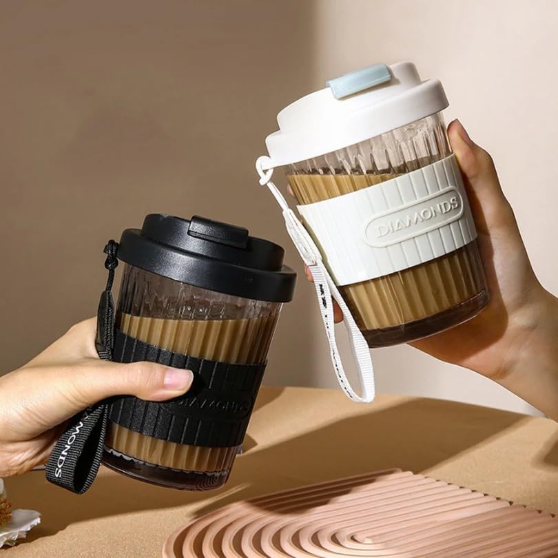 Sipper Glass Diamond Black Strip Car Travel Green Tea and Coffee/Fruit Juice/Milk Mug Sipper Tumbler Cup with Lid and Carry Belt Home Office Drinking Water Cup portable coffee glass tumbler(Pack of 1)