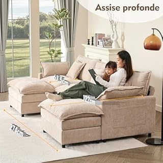 Litbird Canapé d’Angle Modulable en U 274 cm – 3 Places avec Repose-Pieds Amovible – Canapé Profond pour Salon, Meuble de Salon Moderne (Marron Clair)