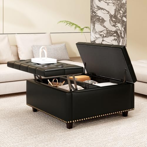 Amazon.com: Black Leather Ottoman - Large Square Design for Extra ...