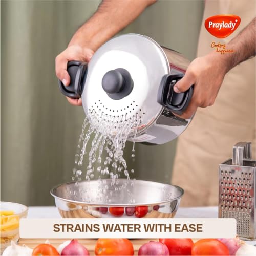 Image of Praylady 3.0L Stainless Steel Strainer Pot with Glass Lid (20 CM) - Induction Base Multi-Purpose Cooking Pot for Rice, Vegetables, Noodles & Pasta Pot - Anti-Locking, Dishwasher Safe.
