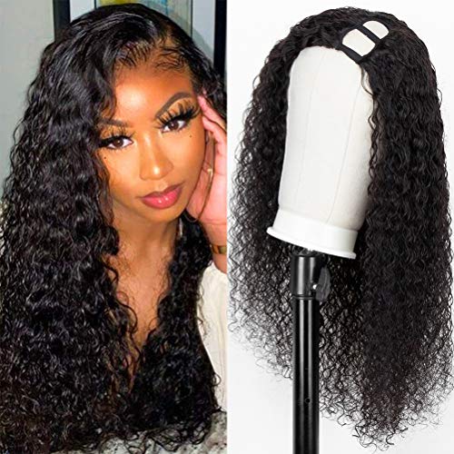 Persephone Left U Part Wig Brazilian Deep Wave Curly Human Hair Half Wigs for Black Women Glueless None Lace Front Side Part Machine Made Wigs 150% Density Natural Color 14 Inch