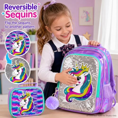 Image of CCJPX 3Pcs Unicorn Backpack, 16 inch Girls Sequin Bookbag with Lunch Box, Kids Water Resistant Elementary School Bag for Kindergarten Preschool Toddler (Purple)