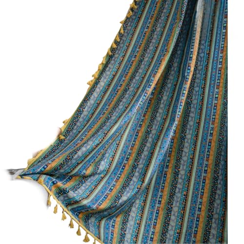 アジアン風 カーテン ボヘミアン 半遮光 北欧風 タッセル付き ドレープカーテン エスニック 和風 ブラインド 綿 通気性 透けない 薄手 おしゃれ 可愛い ドレープカーテン バルコニー リビング ダイニング 寝室、洗える 1枚入り (ポールスルー型:青色