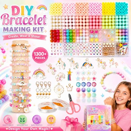 Image of curve creation Bracelet Making Kit for Girls Jewellery Making Kit with Clay Beads Letter Beads Unicorn & Rainbow Charms Crystal Beads Elastic String & Scissors Friendship Bracelet Craft Kit for Kids