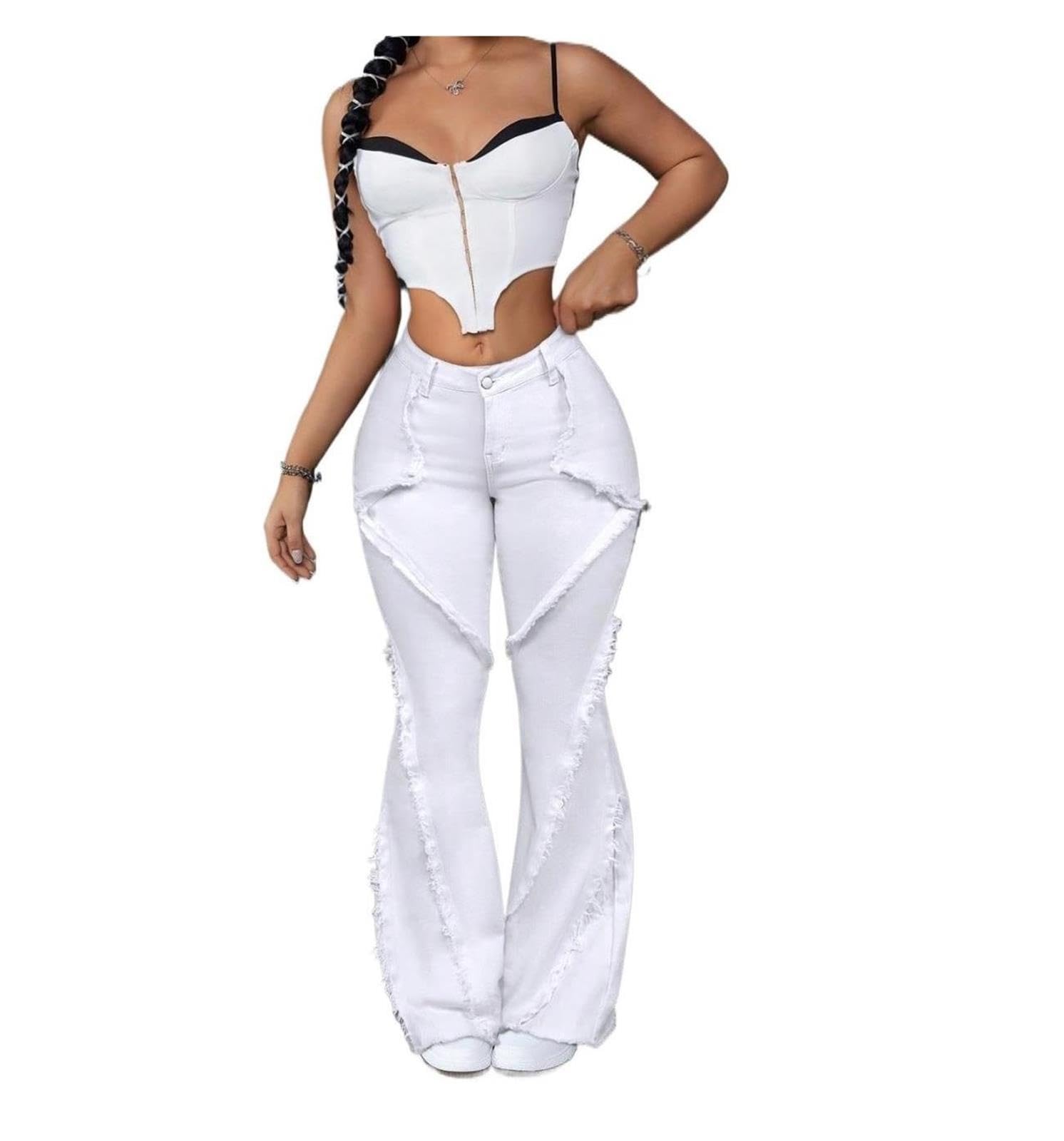 Damen High Waist Ausgefranste Schlagjeans Stretch Figurformende Denim Hose