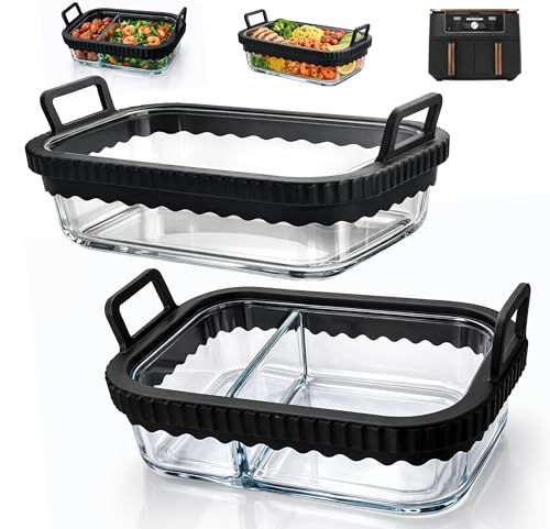 Hivio 2 Stück Auflaufform Airfryer für Ninja Heißluftfritteuse AF400EU/DZ400EU/AF500EU/COSORI Heißluftfritteuse 2 Kammern Glas Airfryer Zubehör BPA-frei Herausnehmbarer Silikonring