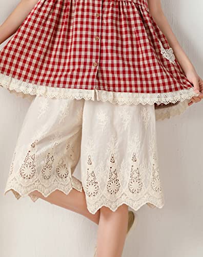 Lolita Embroidery Floral Lace Pettipants Half Slips For Womens Lightweight Cotton Linen Bloomer Short Pants Beige #TOP3