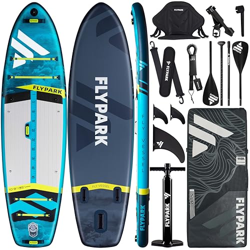 Flypark 10'8''x35'' Fishing Inflatable Paddle Board, Extra Wide SUP Paddleboard Inflatable, Fishing Stand Up Paddle Board, 2 Fish mounts, Rod Hold, Measurement, Kayak seat, Camera Mount Shoulder Strap