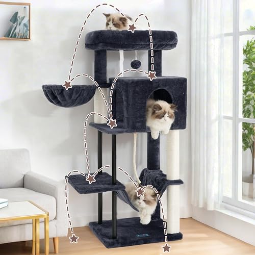 Image of Gitelsnour Cat Tree, Cat Tower for Indoor Cats, 43.3 inch Cat Tree Tower with Sturdy Steel Tube, Hammock, Cat Condo for Small Cats and Kittens, Scratching Post, Smoky Gray GCT004SG