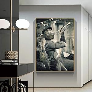 BIEMBI Dierlijke muziek muurkunst grappige orang-oetan poster stretch en frame canvas schilderij woonkamer woondecoratie muurschildering klaar om op te hangen 70 x 100 cm kader