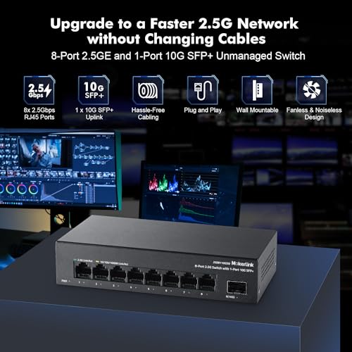 Image of MokerLink 8 Port 2.5G Ethernet Switch with 10G SFP+ Slot, 8x2.5G Base-T Ports Compatible with 100 /1000Mbps, Mini Size, Metal Unmanaged Fanless Multigigabit Network Switch