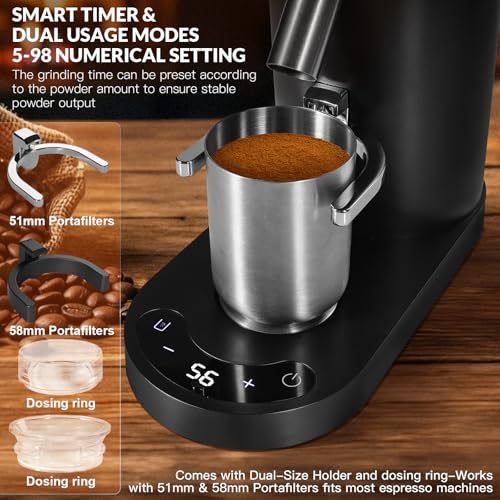 Image of Coffee Grinder, Rechargeable Conical Burr Mill, 60 Settings, Cordless Black | Stainless steel burrs, digital timer, anti-static chute and air blower; 2600mAh USB-C battery for home, office or travel