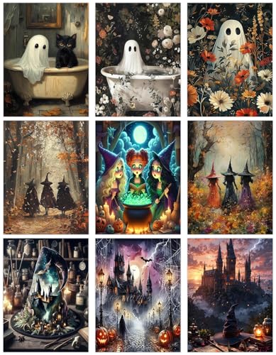 Multipack Diamond Art Kits for Adults 9 Pack Halloween Diamond Painting Kit for Adult 5D DIY Round Drill Gem Art Adult Diamonds Dots Sets for Wall Decor Holiday Gift 12x16in (Ghost Witch and Castle)