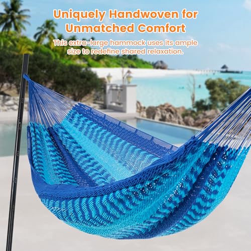 Image of Lazy Daze Hammocks Handwoven XL Mayan Hammock, 10.5 FT Soft Rope Double Hammocks, Portable Outdoor Hammock with Carry Bag, 2 Straps & Carabiners for Patio Outside, 550 lbs Capacity, Blue /Dark Blue