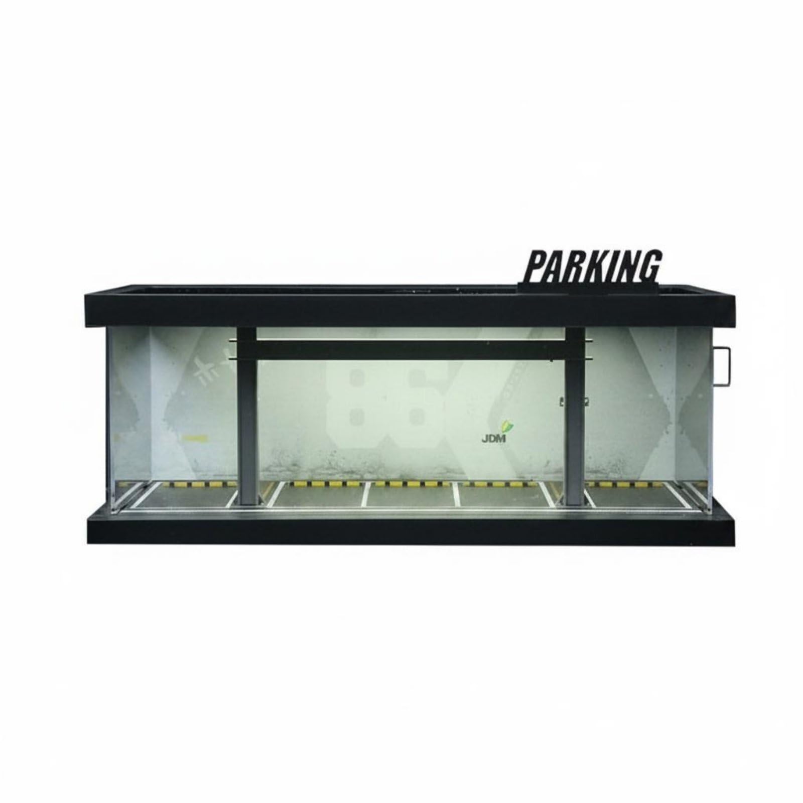 Almencla Parkhaus Modellauto Vitrine Diorama Garage Modell Parkplätze Miniaturszene mit Beleuchtung aus Und Acryl Staubgeschützt für Sammler Vitrinen, JDM-Stil, Beleuchtet, Montage, F-Modell