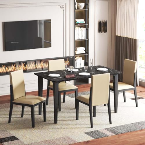 Image of Brianna Solid Wood 4 Seater Dining Room Set for Home, Living Room - Elegant Dining Table and Four Luxuriously Cushioned Chairs - Contemporary Design in Classic Black Finish