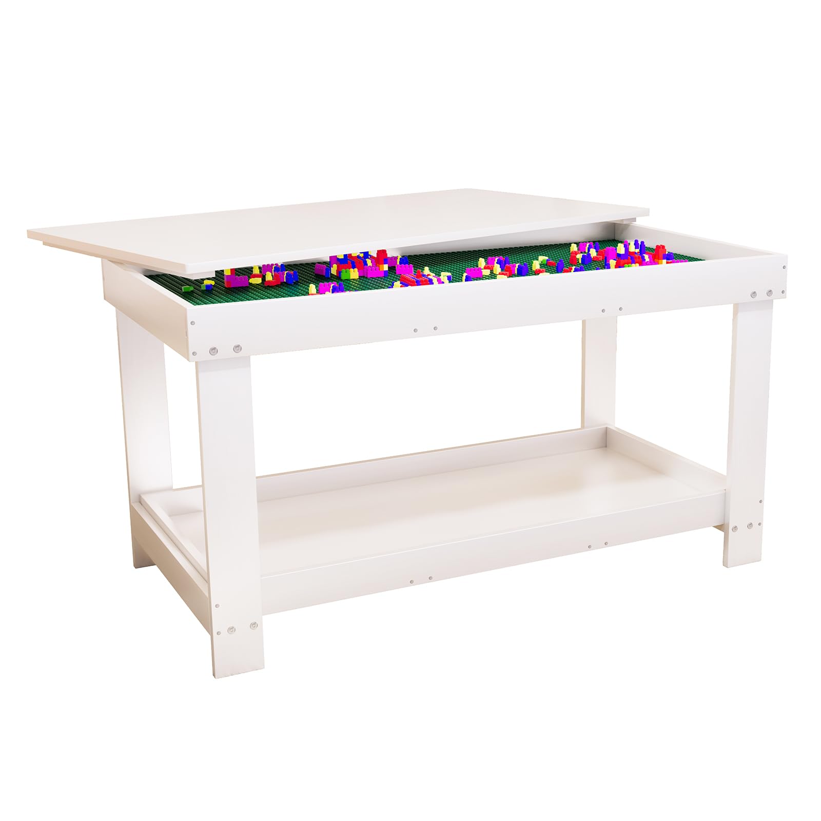 Kids Activity Table with Storage, 2 in 1 Solid Wood Building Blocks Table with Board for Boys Girls Gifts, Play Bricks, Train, Reading, Arts Draw