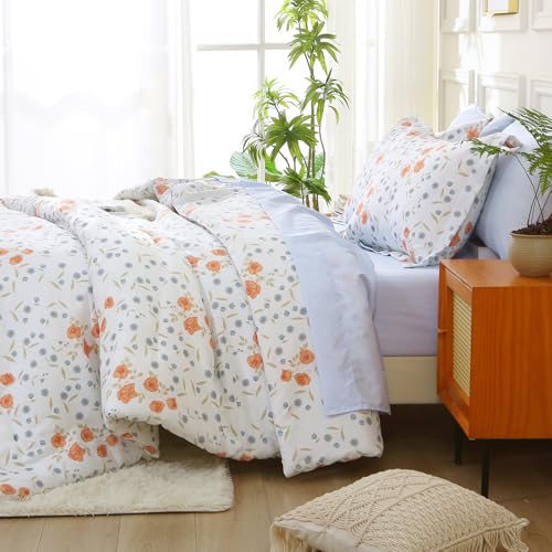 Image of MUXHOMO Orange Blossom Bed in a Bag King 7 Pieces, King Comforter Set Reversible Botanical Flowers Design, Ultra Soft & Breathable Bedding Sets with Comforter, Sheets, Pillowcases & Shams