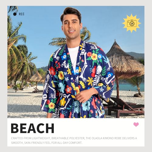 Image of OLAOLA Men Lightweight Kimono Robe with Belt Japanese Style Robe Jacket Casual Open Front Long Cardigan Cape Coat Outwear