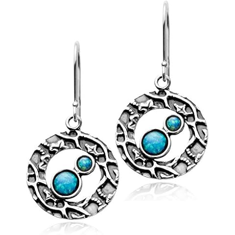 Women's Textured 925 Sterling Silver Circle Earrings with 2 Round Created Blue Fire Opals Cover