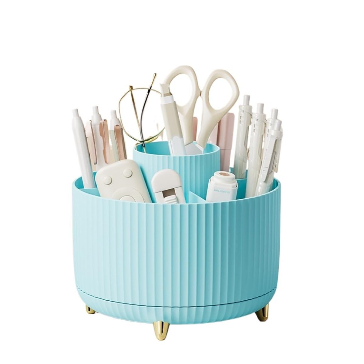 AZHKJKZH Desk Tidy Caddy Pencil Pen Holder 360° Degree Rotating 5 Slots Desktop Stationery Organizers Office Supplies(Blue)
