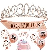Auliuse 30th Birthday Sash and Tiara Set for Girls, Rose Gold Birthday Sash Crown with Balloons H...