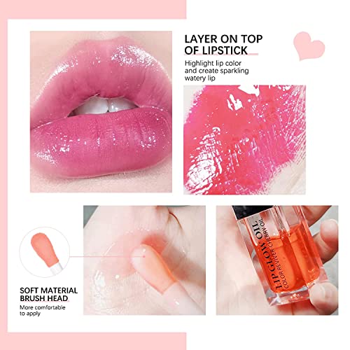 Plumping Lip Oil, Hydrating Lip Gloss Tinted Lip Balm Lip Care Clear Lip Oil for Dry Lips, Long Lasting Nourishing Non-sticky, Big Brush Head Glitter Shine Lip Glow Oil Primer Lip Tint 6ML