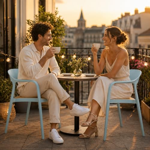 Image of Rattan Style Outdoor Chair | Set of 2 Sky Blue Plastic Arm Chair for Garden, Balcony, Patio & Cafe | Lightweight Weather Resistant Seating | 3 Year Manufacturing Warranty