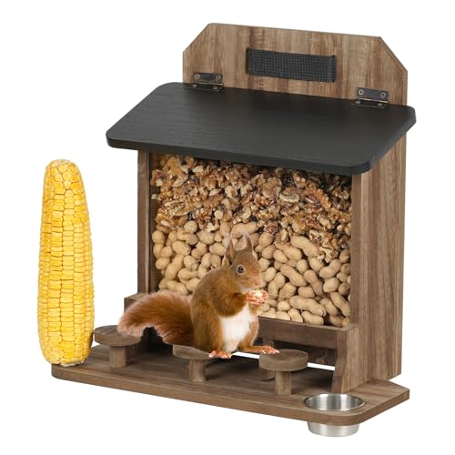 JAZUIHA Wooden Squirrel Feeder, Squirrel House Weatherproof for Outdoor Use Chipmunk Feeding Station with Picnic Table