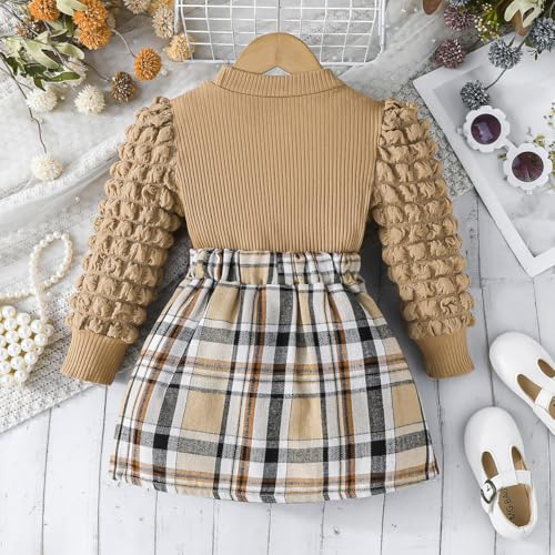 Noubeau Toddler Girls Plaid Outfits Girls Puff Sleeve Knit Ribbed Shirt Tops Plaid Skirt Set Kids Fall Winter Clothes3