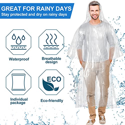 Handepo 200 Pack Disposable Rain Ponchos for Adults, Clear Ponchos with Hood, Plastic Rain Poncho Family Pack for Women and Men, Portable Rain Ponchos Bulk for Travel Hiking Camping4