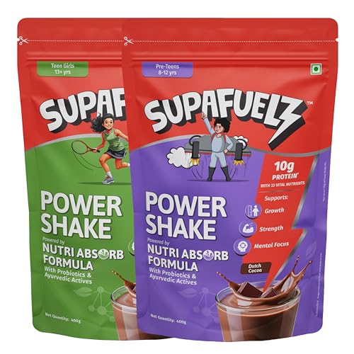 Image of Supafuelz Power Shake (8-12Yr kids) + Teen Girls (13Yr+)|Combo pack | Height & Strength Drink | High Protein, 33 Essential Nutrients, Probiotics & Ayurvedic Actives | Daily Nutrition Drink supports Growth, Focus & Energy | Chocolate 800 g (2x 400g) | Safe Nutrition Drink For Kids