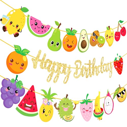 Image of Fruit Theme Birthday Banners Tutti Frutti Party Gold Happy Birthday Banners Summer Fruit Hanging Decoration for Watermelon Strawberry Theme Birthday Party Supplies