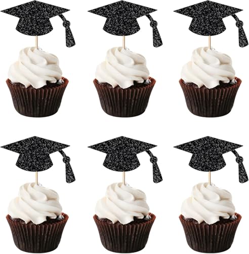 KSHGTB 24pc Black Glitter 2026 Graduation Cap Cupcake Toppers - Congrats Grad 2026 Cake Decorations for Graduation Party