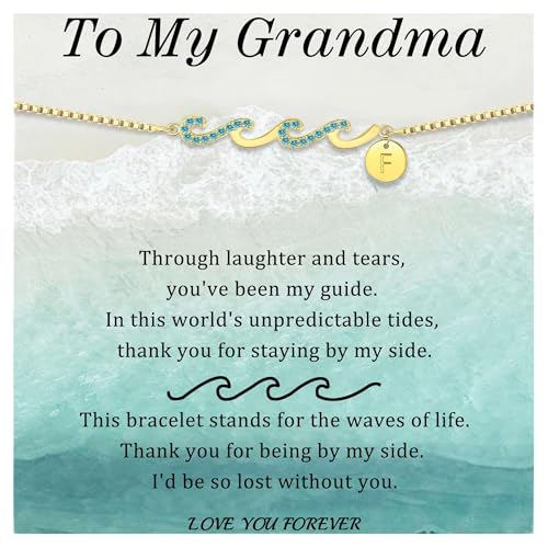 Dainty Gold Bracelet with Initials, Gifts for Women Initial Bracelets for Women Mom Gift Teen Gifts Trendy Stuff Wave Bracelet Grandma Graduation Gifts for Her 2025 Daughter Friend Letter A-Z Birthday Christmas Jewelry
