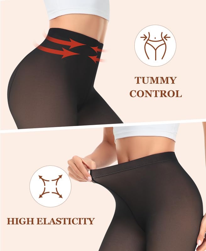Collant da donna foderati in pile, spessi, opachi, caldi, termici, a vita alta, per controllo della pancia, (300 g, con piede in pile, nero traslucido, XL)