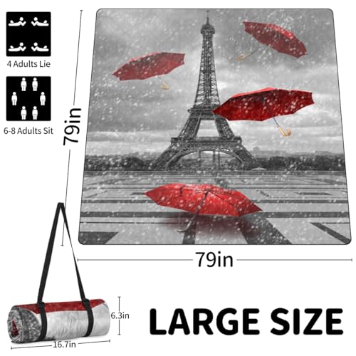 Shimoshe Extra Large Picnic Blankets 79”x 79”, Red Umbrella Eiffel Tower Waterproof Foldable Picnic Mat with Straps Portable Beach Blanket for Camping Park Grass Beach Indoor