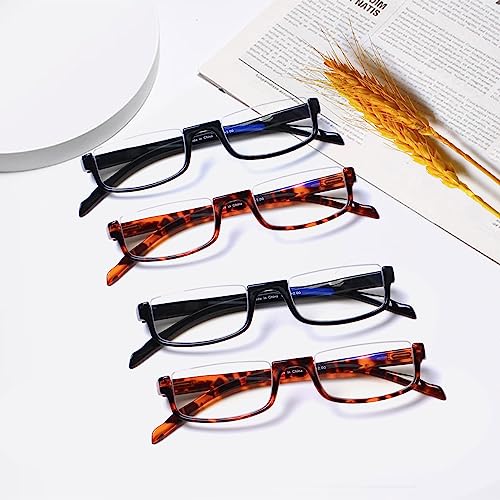 Image of Henotin 4 Pair Reading Glasses for Women Men Readers Half Moon Frame Blue Light Blocking Spring Hinge Eyeglasses (2Black2Leopard, 2.25, diopters)