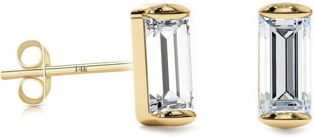 Solid 14K Gold Tiny Baguette Shaped Stud Earring with Cubic Zirconia