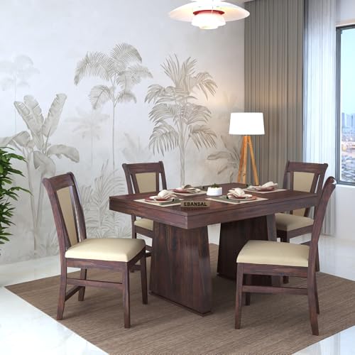 Image of Solid Wood 4 Seater Dining Table | Sheesham Wood Four Seater Dining Table with Cushion Chairs | Wooden Furniture Dinner Table | Walnut Finish