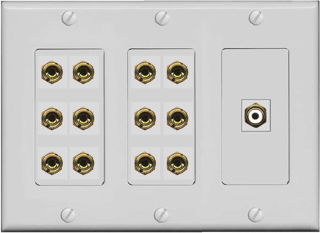 RiteAV 6.1 Surround Sound 6 Speaker 12 Banana Plug Jack Wall Plate w/RCA Subwoofer Female Connector - 3 Gang [Light Almond]