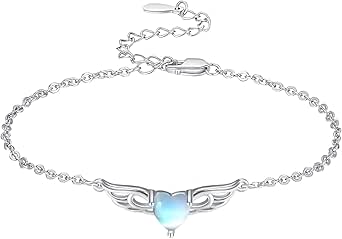 KINGWHYTE Engelsflügel Armband Engelsflügel Armband Engel Armband mit Herz Mondstein Verstellbares Federarmband für Mädchen und Frauen