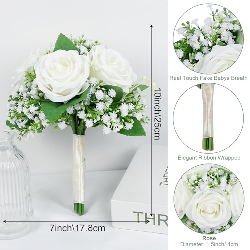 Artificial Bridesmaid Bouquet Set of 6 - 7 Inch Ivory White Rose Bridesmaid Flower Bouquets Babys Breath Pre-made Silk Wedding Bouquet for Bridal Shower Wedding Centerpiece Ceremony and Anniversary